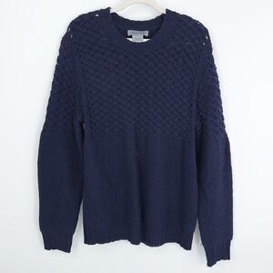 Dylan Gray Men's Cabled Yoke Knit Merino Wool Sweater Navy Blue Size Large L